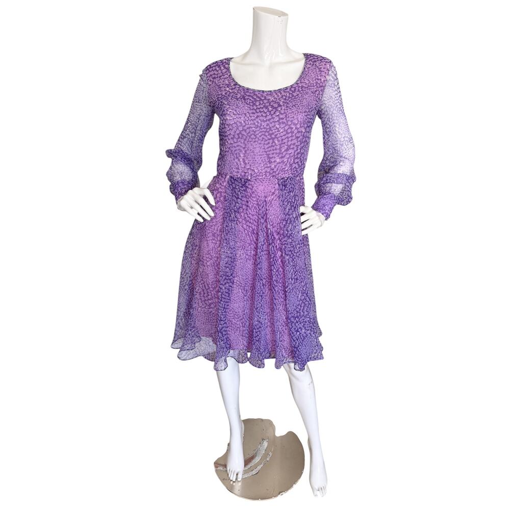 Vintage 70s Adele Simpson Purple Chiffon Fit n Flare Dress Cocktail Dress Small
